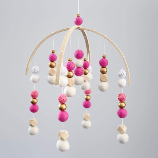 White, Bright Pink, White & Pink Crochet, Gold Felt Ball Mobile