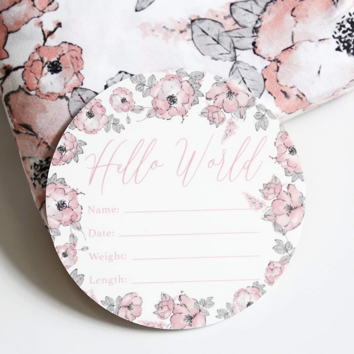 Birth Announcement Card- Hello World Pink Floral