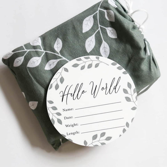 Birth Announcement Card- Hello World Organic Leaf Sage