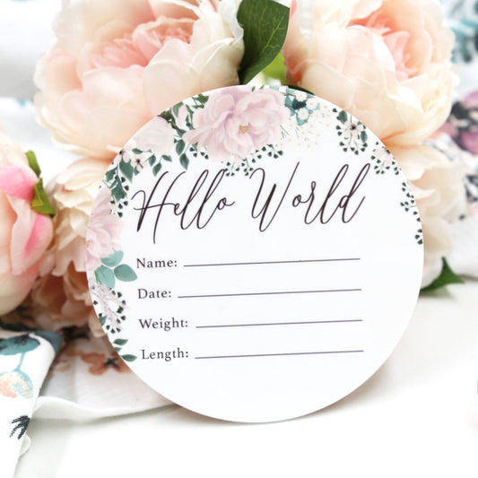 Birth Announcement Card- Hello World Pink Floral