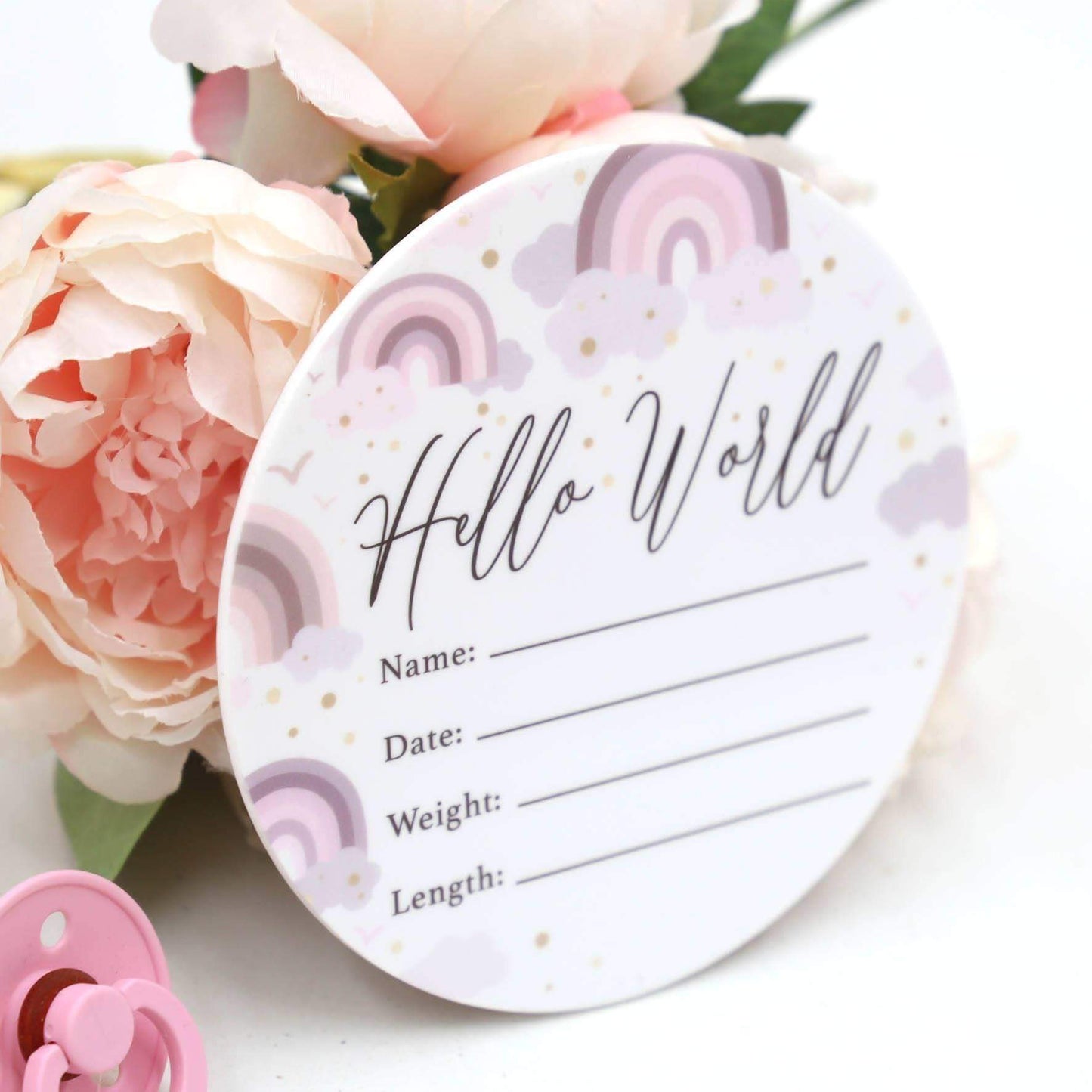 Birth Announcement Card- Hello World Pinky Purple Cloud Rainbow