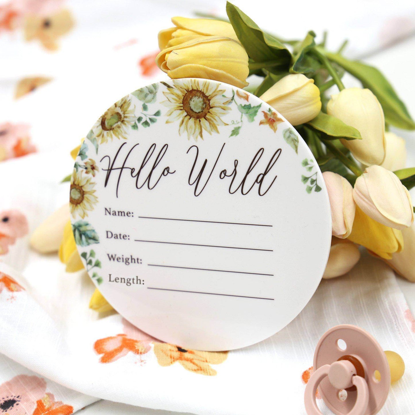 Birth Announcement Card- Hello World Sunflowers