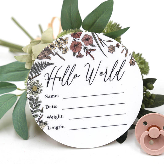 Birth Announcement Card- Hello World White Acrylic Printed Wildflower